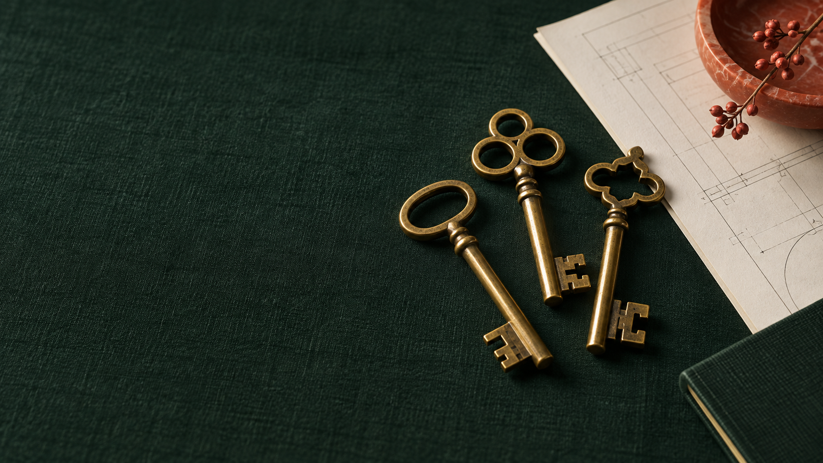 Three brass keys on a dark green surface beside an architectural plan